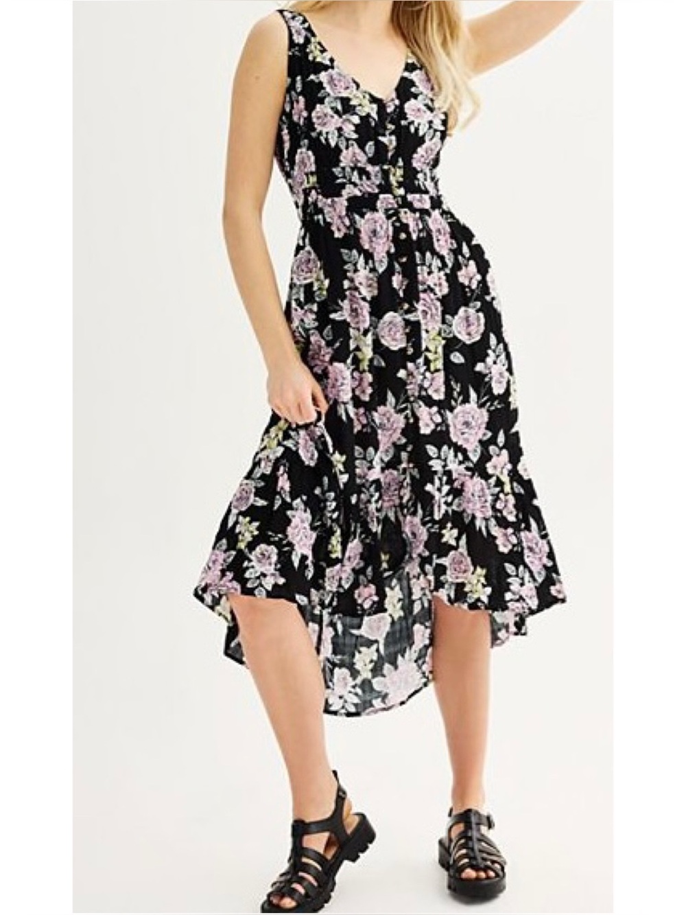Rewind Sleeveless Button Front Floral V-Neck High Low Midi Dress Juniors